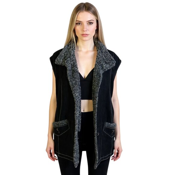 Vintage Pelle Nova di Riviera Shearling Vest – Women’s Black Leather Outerwear - Picture 1 of 13